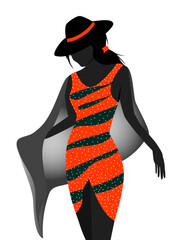 Female model in orange dress. Black female silhouette. A woman in an orange dress and a hat on her head