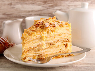 Slice of mille-feuille cake also called Napoleon cake or vanilla custard slice.