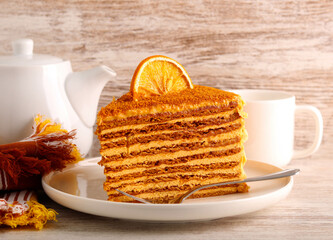 Slice of layered honey cake