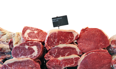 Fridge counter with variety of Irish angus beef meat isolated
