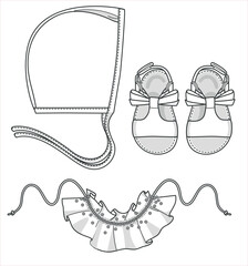 Baby accessories, baby collection designs, design template, technical drawing flat sketch vector illustration