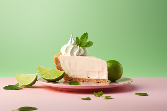 Slice of key lime pie with cream on plate in front of green background
