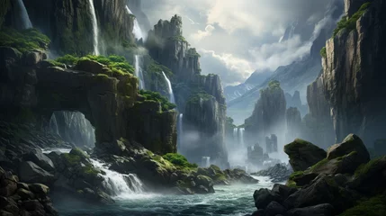 Gordijnen A majestic waterfall cascading down a sheer cliff face, the roar of rushing water echoing through the canyon, lush greenery clinging to the rocky walls © malik