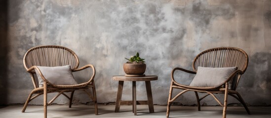 A pair of rattan chairs are positioned next to a small table in a room with bare cement walls. The chairs are empty, creating a simple and functional seating arrangement.
