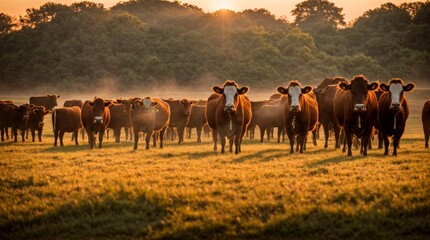 Golden field with grazing cattle under a sunrise  - obrazy, fototapety, plakaty