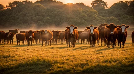 Fotobehang Golden field with grazing cattle under a sunrise  © Fred
