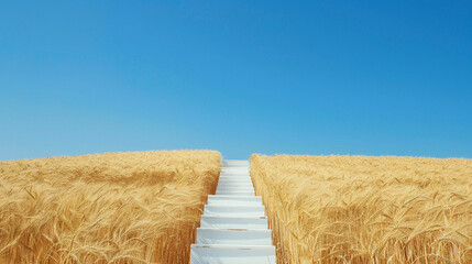 A white staircase rises from a golden wheat field into the clear blue sky, evoking a sense of mystery and ascension.