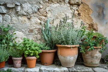 Fototapeta na wymiar Rustic Herb Garden: Fresh and Dried Herbs in Front of an Aged Wall