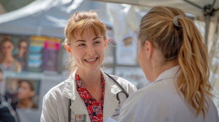 A healthcare professional conducting a skin cancer screening clinic outdoors, under a tent, demonstrating the use of a dermatoscope on a volunteer patient