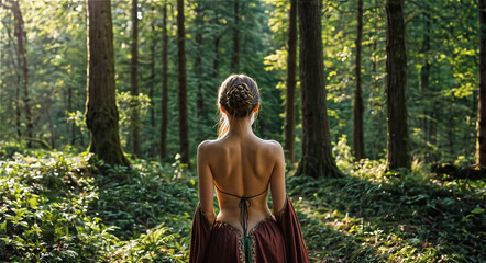 Young woman standing in the middle of a forest. Vissible back and medieval robe.