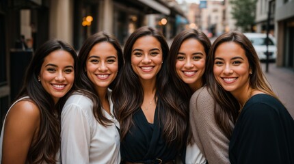 Fototapeta premium Happy ladies smiling in a city street group photo 