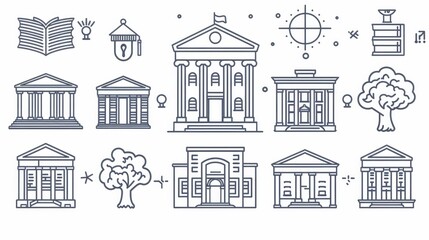 Institute outline icon collection or set. Institute Thin vector line art 