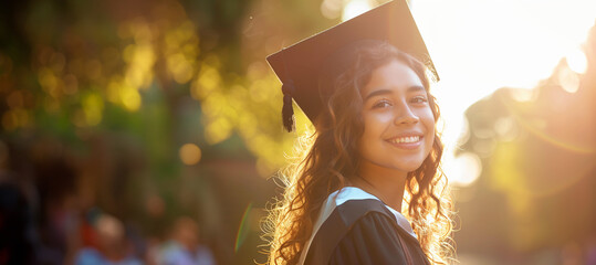 sunny close-up portrait of a smiling female student in graduation cap and gown - obrazy, fototapety, plakaty