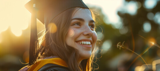 sunny close-up portrait of a smiling female student in graduation cap and gown