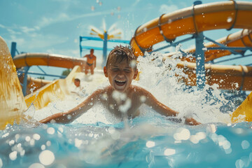 Happy children on the slide at the swimming pool in the aquapark 
