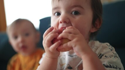 baby girl eating an apple. healthy a eating kid dream concept. twins baby sitting on the sofa eating an apple. close-up baby daughter eating an apple at home lifestyle