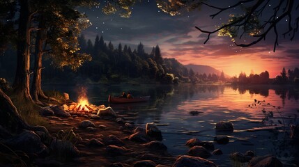 A serene lakeside scene at twilight, the water reflecting the vibrant colors of the setting sun, silhouettes of trees lining the shore, a cozy campfire crackling nearby