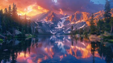 A serene mountain lake at sunset, with vibrant hues reflecting off the calm water, snow-capped peaks in the background, pine trees framing the scene, evoking tranquility and awe