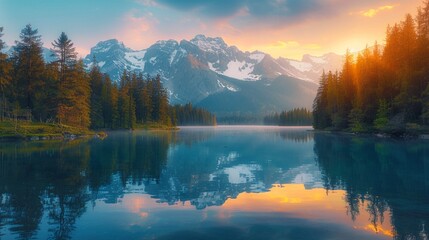 Fototapeta premium A serene mountain lake at sunset, with vibrant hues reflecting off the calm water, snow-capped peaks in the background, pine trees framing the scene, evoking tranquility and awe