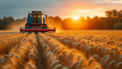 Modern automated combine harvesting wheat ears in the sunset. Grain harvester in a vast golden wheat field. Regenerative Agriculture. Cultivation of bio food - obrazy, fototapety, plakaty