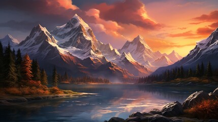 An awe-inspiring mountain range bathed in golden sunlight, snow-capped peaks reaching towards the heavens, a pristine alpine lake nestled in the valley below - obrazy, fototapety, plakaty