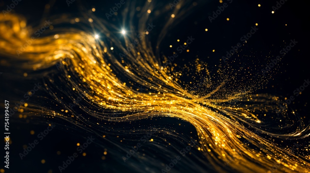 Poster lustrous gold swirls with shimmering particles on a dark canvas create an abstract design