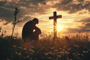 Silhouetted Christian Man in Spiritual Prayer Before Cross