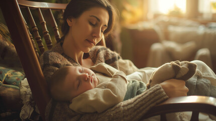 Young mother sitting in a rocking chair, a sleeping baby on her lap, in a cozy home setting with a warm and inviting atmosphere. Natural lighting is casting gentle shadows - obrazy, fototapety, plakaty