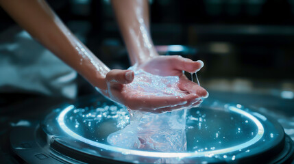 Close up of hands washing with soap in a futuristic silver circular sink full of water inside an advanced laboratory, concept for cosmetic science or beauty Technology - obrazy, fototapety, plakaty