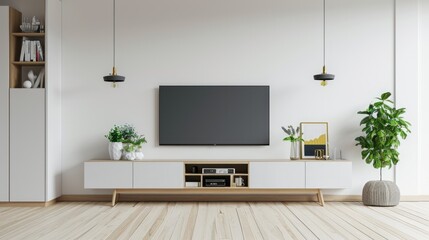 Modern Living Room Interior with TV Cabinet on White Wall Mockup