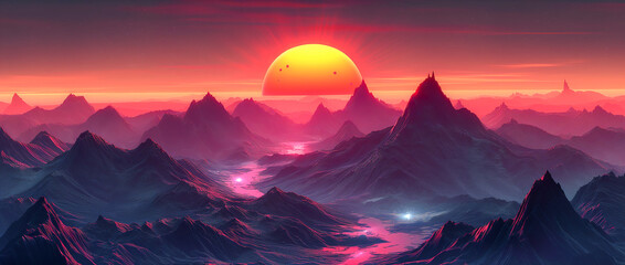surreal psychedelic synth wave artwork of a sunset in the mountains on an alien planet