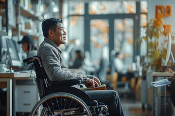 an asian man on a wheelchair shows in the office working with others