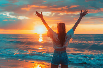 Young woman with her hands up against the background of the sea and sunset on the beach, backwards

