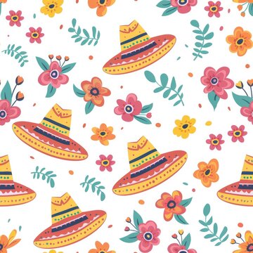Seamless pattern  Cinco de Mayo hat with flowers isolated on white background. Cinco de Mayo day concept