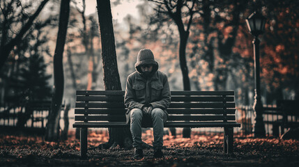 A man sitting on a bench in a park, with a lonely and sad expression, wearing a jacket with the hood up over his head, dark mood - obrazy, fototapety, plakaty