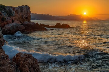 Sun Setting Over Ocean With Mountain Background