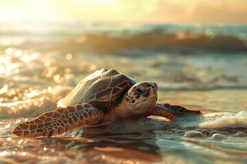 Little sea turtle on the beach. getting out of the water onto the beach close up
 - obrazy, fototapety, plakaty