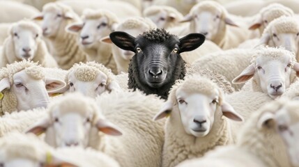 Standing Out. A Flock of White Sheep with One Bold Black Sheep in the Center, Symbolizing Individuality and Uniqueness.