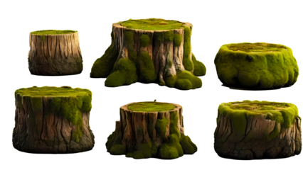 Old tree stump covered in moss. Dead tree isolated on white background.