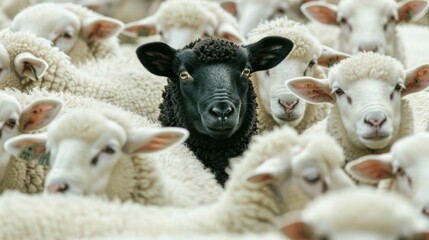 Standing Out. A Flock of White Sheep with One Bold Black Sheep in the Center, Symbolizing Individuality and Uniqueness.