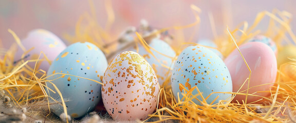 Easter holiday concept with many colored eggs in straw and grass. Image with copyspace.