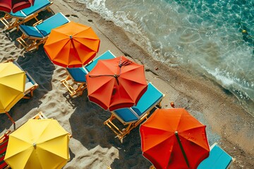 Aerial View of Beach With Sunbeds and Umbrellas