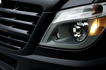 Front view of modern black car headlight closeup. Generative AI