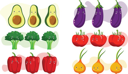 Various organic vegetable cartoon characters vector set, different angles. Avacado, Eggplant, Broccoli, Tomato, Pepper and Onion character ready to use im illustrations