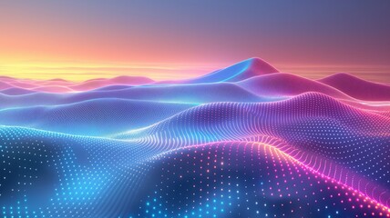 Digital neon waves in pink, blue, and green hues undulate across a futuristic landscape at dusk, emitting a vibrant glow - obrazy, fototapety, plakaty