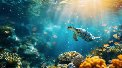 A vibrant underwater scene showcases reduced ocean waste and improved recycling on land. Colorful fish and turtle  a thriving coral reef depict a sustainable environment.