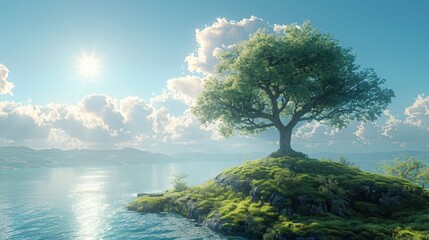 A lone tree stands on an isle against a bright sun and soft clouds - obrazy, fototapety, plakaty