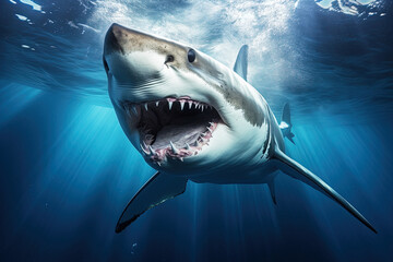Great white shark swimming in the sea. Generative AI - obrazy, fototapety, plakaty