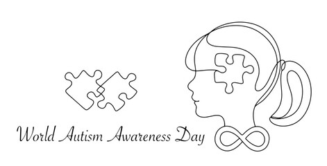 Girl with autism symbols in the form of an infinity sign and puzzles