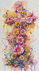 Bright Watercolor Flower Cross Illustration